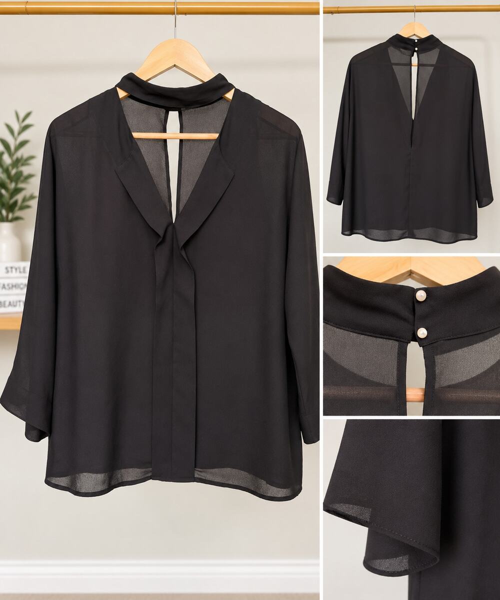 Black Sheer Chiffon Choker Neck Keyhole Blouse 3/4 Sleeve Size Medium